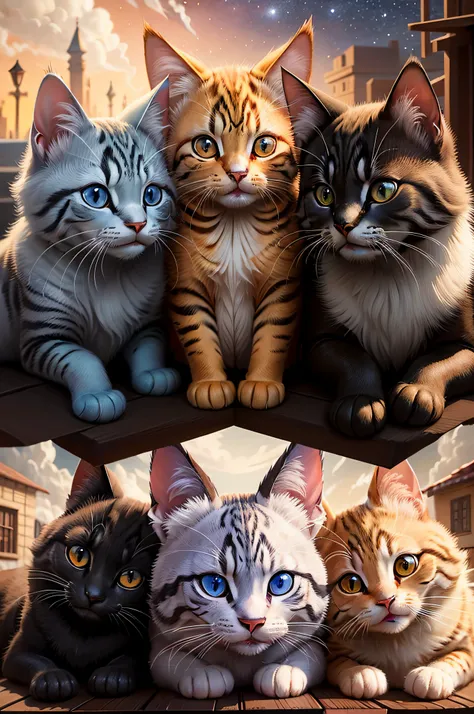 Cartoon, Disney style, oil painted, Intricate, Two adult cats, Three kittens, on a rooftop, Can feature portraits, kindness, Beauty, softness, Big beautiful eyes, voluminetric lighting, Beautiful, rich deep color, Masterpiece, Sharp focus, Ultra detailed, ...