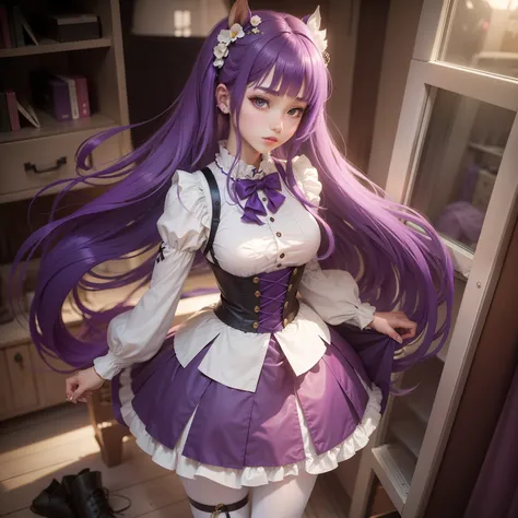 Single horsetail，Purple hair is worn:Lolita and white pantyhose height:163cm identity brave！Small chest