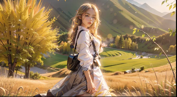 fall season，full bodyesbian, standing on your feet，long  skirt，Portrait of cute blonde girl, Stand on a golden wheat field (((looks away))), In the distance, The mountains are full of red maple，Yellow deciduous flowers, orange fog, Exercise, floated hair, ...