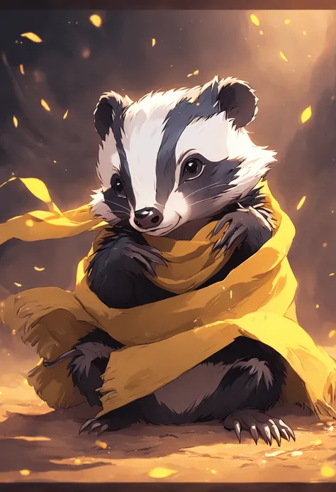 Baby badger wearing a Hufflepuff scarf