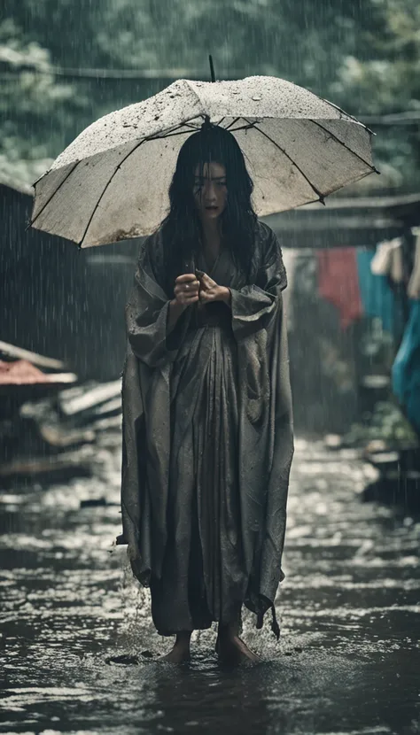 (japanese horror:1.5),(allure:1.5), Cinematic shots,Woman with dark hair１a person, Angry eyes, Kimono, disheveled hair, pale skin,(rain falling:1.4), (Ruins:1.3),(Soaking wet woman:1.8),Coarse grain, (Melted Face 1.5), (rotting skin:1.1), darkness,The Dark...