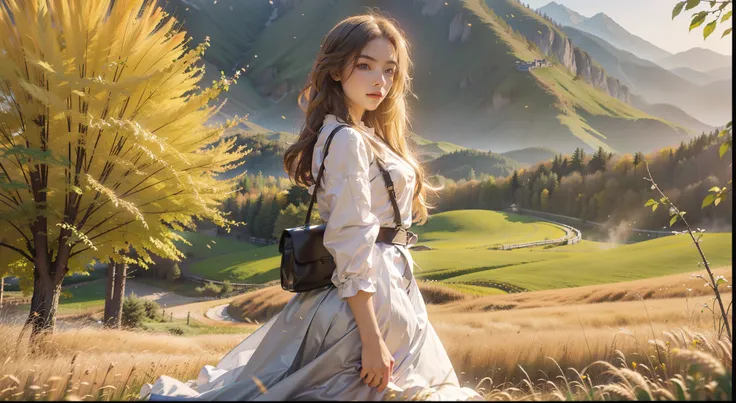 fall season，full bodyesbian, standing on your feet，long  skirt，Portrait of cute blonde girl, Stand on a golden wheat field (((looks away))), In the distance, The mountains are full of red maple，Yellow deciduous flowers, orange fog, Exercise, floated hair, ...