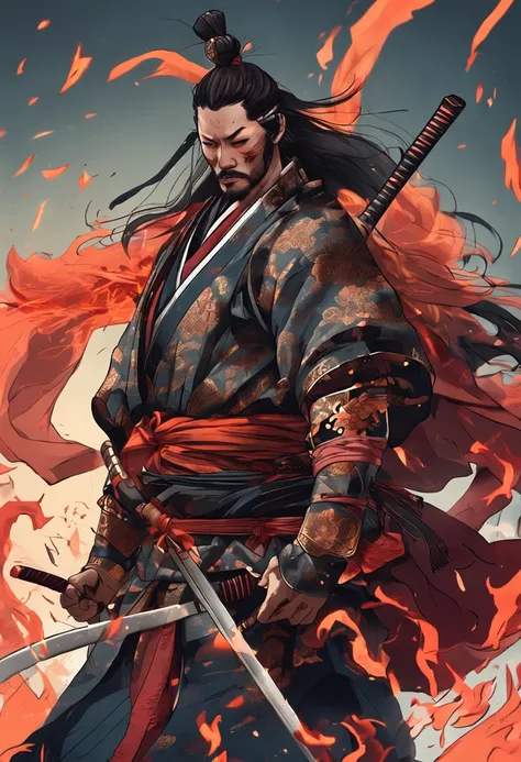 A samurai whose whole body is covered in flames