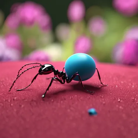 An ant drags a raspberry，Dreamy light，High-angle lens shooting，photorealistic cinematic render, Cinematic 3D rendering, realistic cgi render, Depicted as a 3D rendering