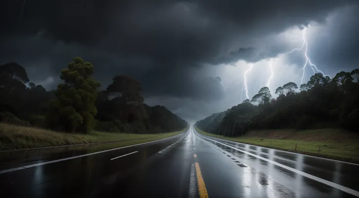 Tempestade na estrada da floresta, Realistic high-definition photo, chuva forte caindo sobre asfalto molhado