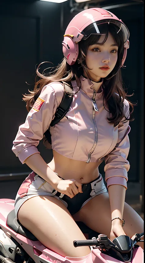 Highest image quality, outstanding details, ultra-high resolution, (realism: 1.4), the best illustration, favor details, highly condensed 1girl, with a delicate and beautiful face, wearing a pink mech, wearing a mecha helmet, holding a direction controller...