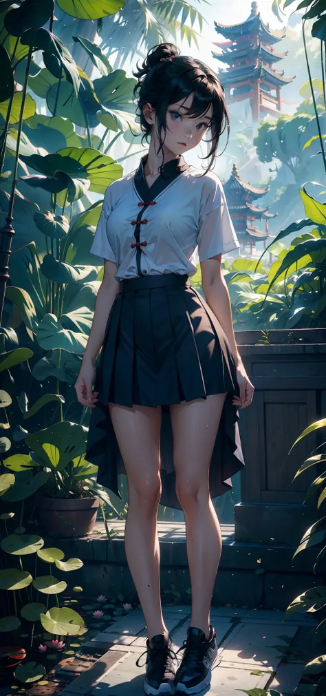 1female，11yo，bit girl，Small loli，smallunderboob ，Pornographic exposure， 独奏，（Background with：bamboo forrest，lotuses，lotus flower，exteriors，Lotus pond） She has short black hair，standing on your feet，Sweat profusely，drenched all over the body，seen from the fr...