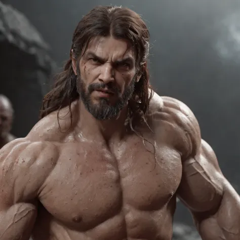 (professional 3d render:1.3) af (Realistic:1.3) most beautiful artwork photo in the world，Features soft and shiny male heroes, ((Epic hero fantasy muscle man rough wet hero angry look long hair short beard and ferocious expression in dynamic pose, Fantasti...