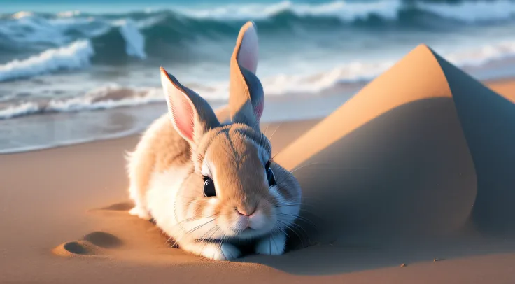 Close-up photo of a little rabbit playing on the beach，Aerial overhead shot，clean backdrop，depth of fields，largeaperture，photography of，volume fog，Halo，blooms，Dramatic atmosphere