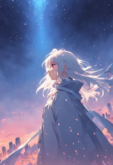 In the blue sky，A young girl in a white cloak，Has beautiful gray hair。