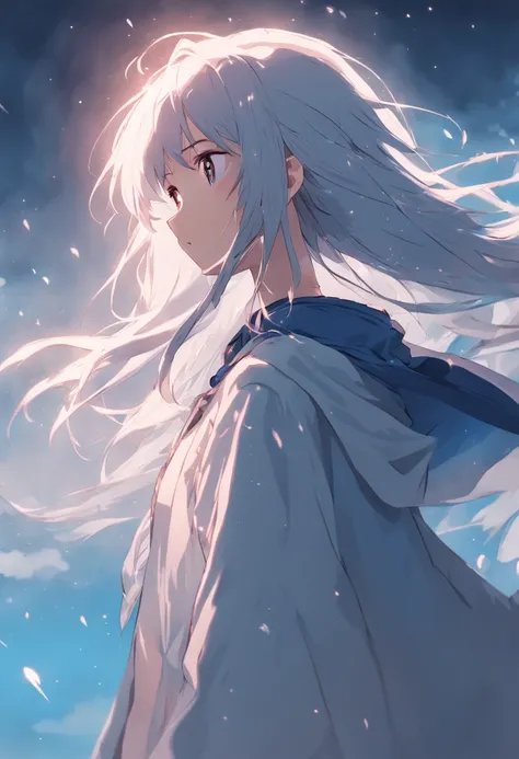 In the blue sky，A young girl in a white cloak，Has beautiful gray hair。