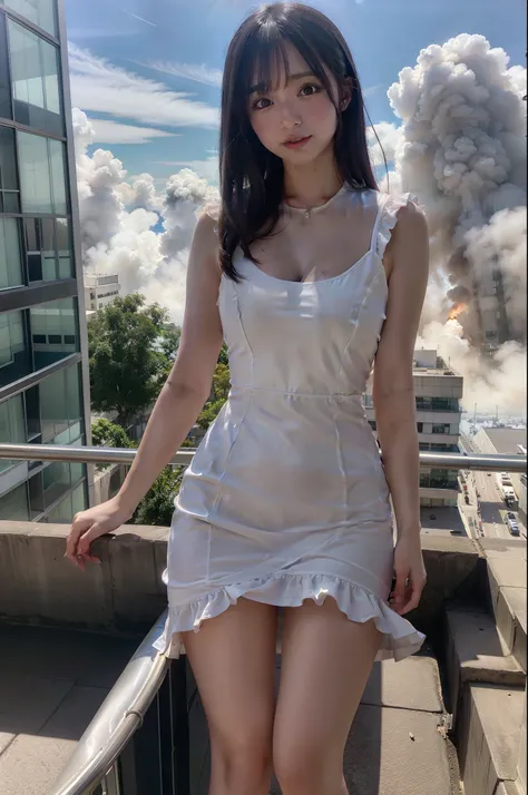 Giantess usando vestido transparente, GTS cidade, City buildings, smoke billowing, nuvem, Evil, realistic lighting, salto em altura, de baixo, aves voando,