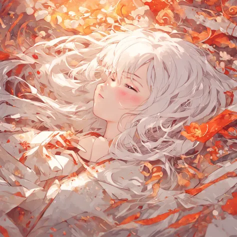 (White background:1.4),(The girl was lying on the ground, Eyes closed, Long white hair, Oriental elements)，(Chinese illustration:1.3，paper art:1.3, Quilted paper art:1.2),( reasonable design, Clear lines, High sharpness,Best quality, Very detailed, Masterp...