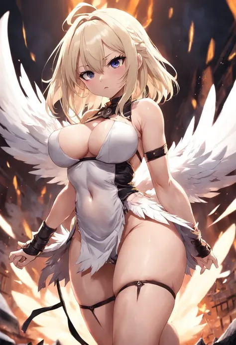 japanese anime style。illustratio。Dark Fantasy。White feathers。girl with。a blond。undergarment。natta。battle field。Colossal tits。pubick hair。teats。a miniskirt。A little angry。crouching down。Open crotch。