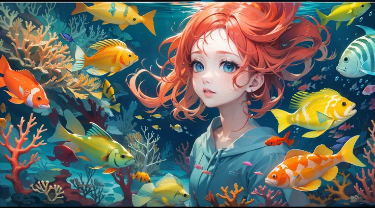 A colorful and diverse underwater world，(ocean floor、Marine life、Beautiful coral reef、The fish),Messy painting style，Hair flows in water