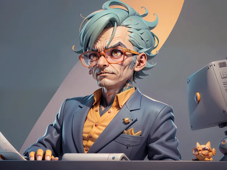 A young man in a suit, Short hair and glasses sat at his desk，holding laptop，digitial painting，tigre，3D character design by Mark Clairen and Pixar and Hayao Miyazaki and Akira Toriyama，4K HD illustration，Very detailed facial features and cartoon-style visu...