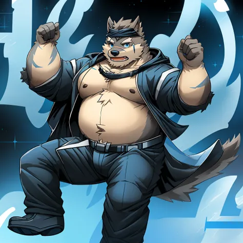 solo person，hairy chest，Lovely belly，Canine orcs，Blue body，Blue-blue eyes，Black ears，Gray trench coat，Black pantsuit，White hood，Two strands of dark blue hair turned up