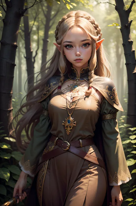 (best quality, masterpiece1.2), (detailed eye:1.2), intricate detail, depth of field, 1girl, standing, upper body, princess zelda, long hair, forest, looking at viewer,