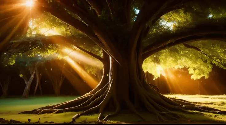 A single ceiba tree, en el monte, magic, Sacred, Mayan mystical tree alone, very thick tree that unites heaven and earth, strong big roots, thick bark, tronco muy grueso, ramas hinchadas , intrincated details, volumetric lights, golden hour