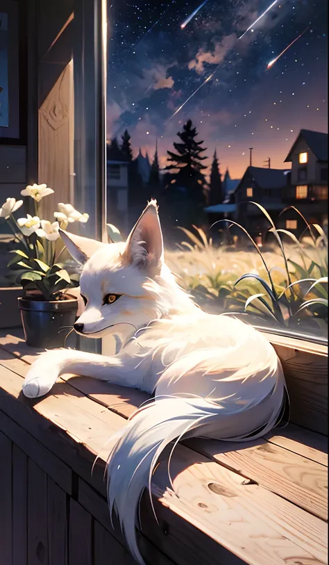 There is a fox sleeping on the windowsill of the garden, ethereal fox, very very beautiful furry art, Cute fox，tmasterpiece，Best quality at best，illustratio，beautifuldetails，Beautiful details of the stars，Beautiful galactic details，Beautiful details of the...