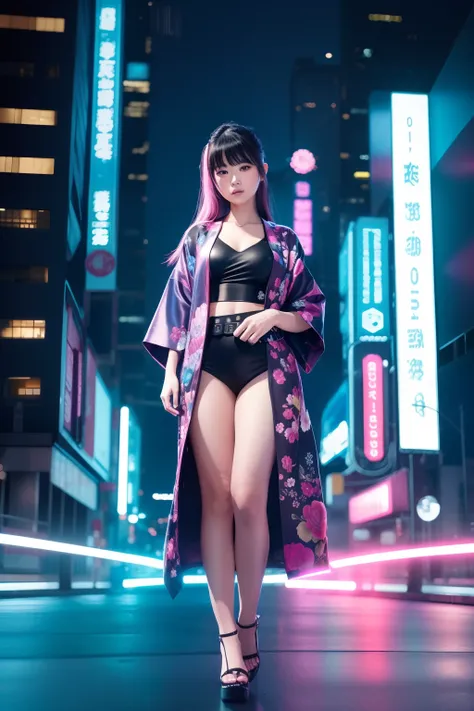 best quality, ultra high res, (photorealistic:1.4), 1girl, masterpiece, cyberpunk city, full body, kimono, neon lights