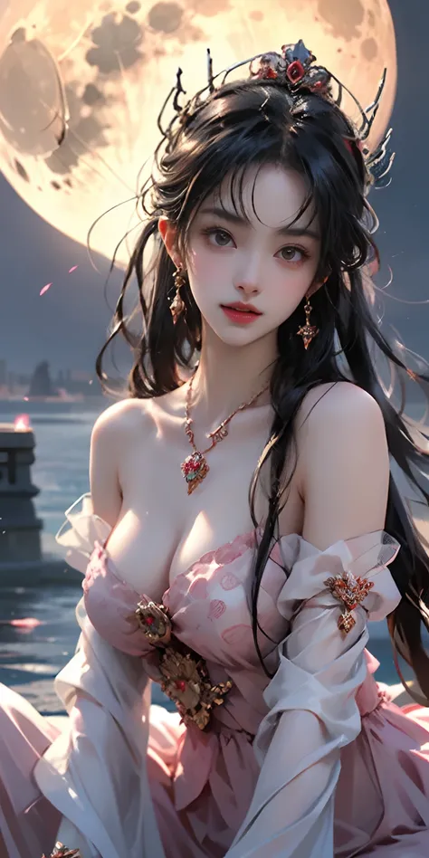 1 adult empress in red lace top, Deep-breasted nightgown, Chinese-style clothing, Ancient costumes with many phoenix patterns, Perfect white and pink face, Crown head, hip-length black hair , very beautiful and sharp brown eyes, Small red lips, Painted lip...