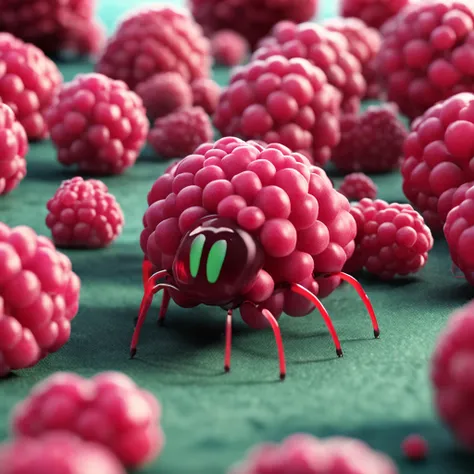 An ant lying on a pile of raspberries，Dreamy light，High-angle lens shooting，photorealistic cinematic render, Cinematic 3D rendering, realistic cgi render, Depicted as a 3D rendering