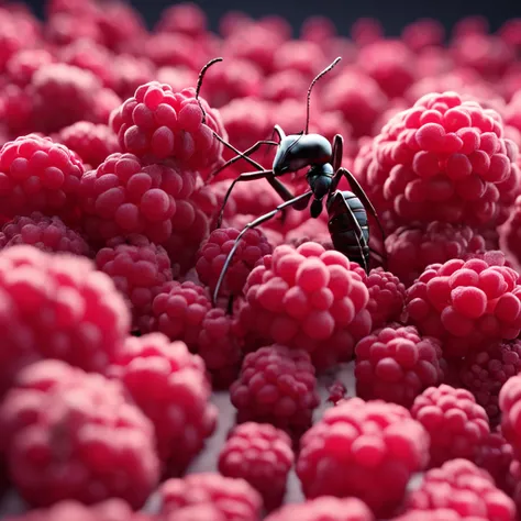 An ant lying on a pile of raspberries，Dreamy light，High-angle lens shooting，photorealistic cinematic render, Cinematic 3D rendering, realistic cgi render, Depicted as a 3D rendering