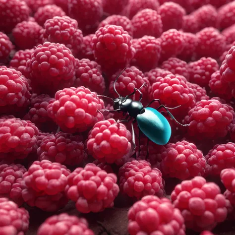 An ant lying on a pile of raspberries，Dreamy light，High-angle lens shooting，photorealistic cinematic render, Cinematic 3D rendering, realistic cgi render, Depicted as a 3D rendering