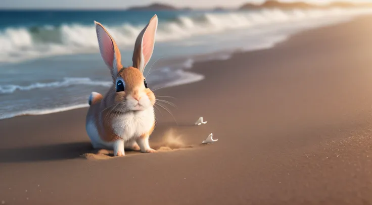 Close-up photo of a little rabbit playing on the beach，Aerial overhead shot，clean backdrop，depth of fields，largeaperture，photography of，volume fog，Halo，blooms，Dramatic atmosphere