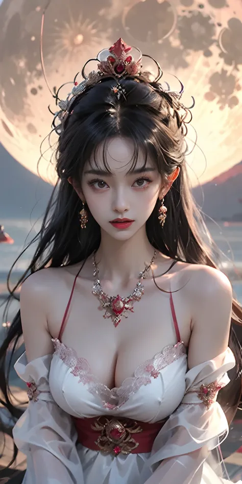 1 adult empress in red lace top, Deep-breasted nightgown, Chinese-style clothing, Ancient costumes with many phoenix patterns, Perfect white and pink face, Crown head, hip-length black hair , very beautiful and sharp brown eyes, Small red lips, Painted lip...