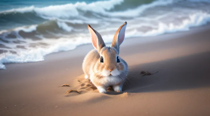 Close-up photo of a little rabbit playing on the beach，Aerial overhead shot，clean backdrop，depth of fields，largeaperture，photography of，volume fog，Halo，blooms，Dramatic atmosphere