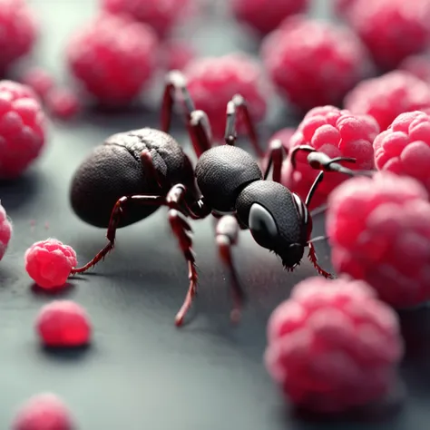 A black ant lies on a pile of raspberries，Dreamy light，High-angle lens shooting，photorealistic cinematic render, Cinematic 3D rendering, realistic cgi render, Depicted as a 3D rendering