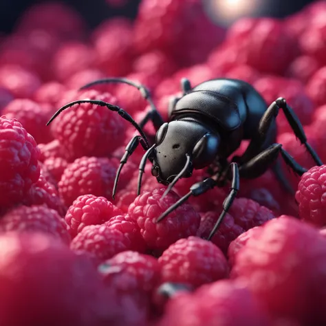 A black ant lies on a pile of raspberries，Dreamy light，High-angle lens shooting，photorealistic cinematic render, Cinematic 3D rendering, realistic cgi render, Depicted as a 3D rendering