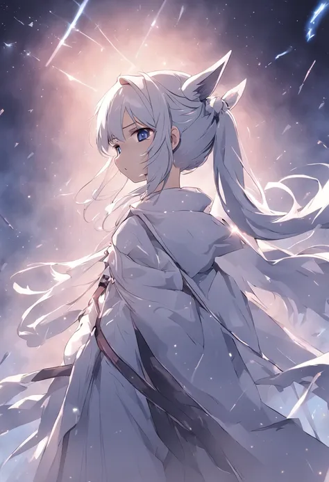 Under the blue sky，A young girl in a white cloak，Has beautiful white hair，pony tails，Headband，Blank eyes，Horse Ears，black lence stockings，Bow in left hand，Draw an arrow with your right hand。