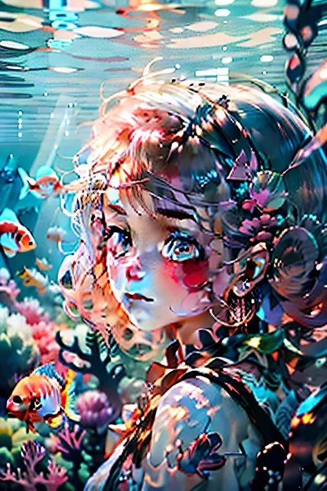 ocean floor、Marine life、Beautiful coral reef、The fish), Messy painting style, Hair flows in water, Brilliant seabed corals, Koi and mermaids stand opposite each other, curly hair, crown, hair tie, pink hairband, mole under eye, star-shaped pupils, upturned...