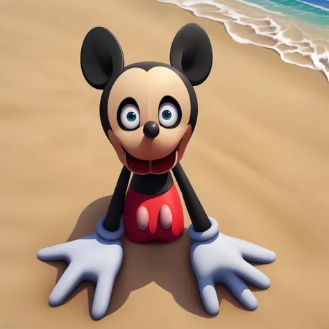 mickey mouse, no legs, beach background, enjoying the place, detailed art, staring at the viewer, dynamic angle, open smile, big...