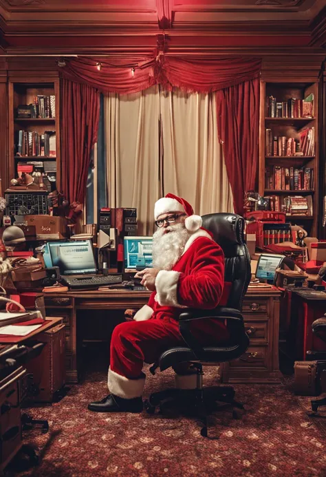 a bald man dressed as santa claus working at an office