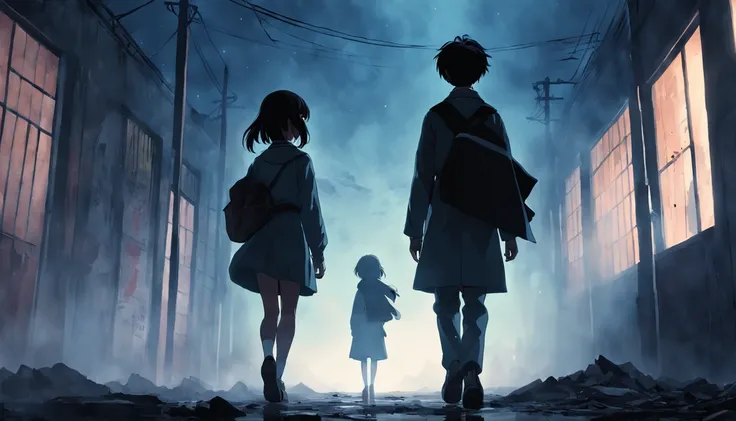 A tall male student in a student uniform and a female student wrapped around a student uniform face away from the photo，Walk through schools that have been reduced to ruins，Black sky，In the fog in the distance there is a fuzzy black giant