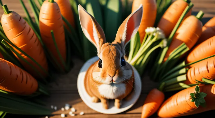 Photo of a little rabbit eating a carrot，Aerial overhead shot，clean backdrop，depth of fields，largeaperture，photography of，volume fog，Halo，blooms，Dramatic atmosphere