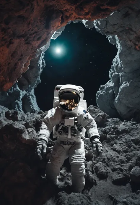 absurderes, intriciate detail, Masterpiece, Best Quality, high resolucion, 8K, (Skeleton in astronaut spacesuit:1.2), (skull:1.3), (Broken helmet:1.4), (Color light bulb:1.3), space suit, Lunar surface, crater, black sky, sao, Canon 1DX shooting with a cam...