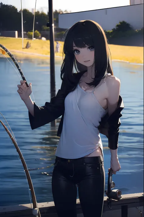 ((((having a fishing rod with a reel by the lakeside:1.5)))),((Female 28 years old)),((Best Quality:1.5)),(((Hands with the correct number and structure of fingers:1.4))),((Big fish:1.37)),hight resolution,ultra-detailliert,​masterpiece,best qualtiy,(Eight...