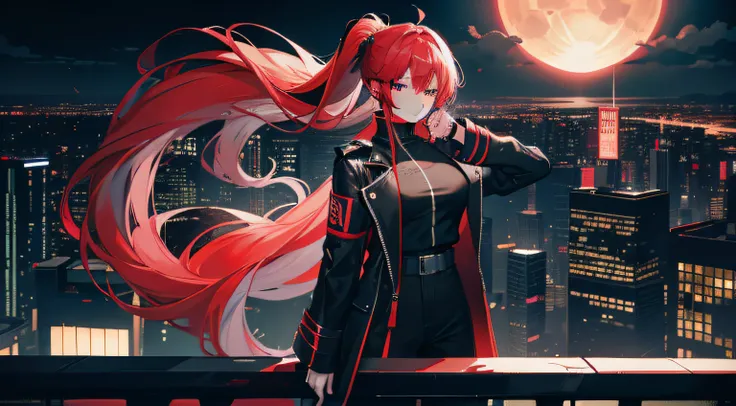 A teenage girl，highr，A beautiful face，Big brown eyes，Monolithic eyepiece of the right eye，red tinted hair，long whitr hair，High ponytail，Single horsetail，black shirt，High neck black trench coat，black long boots，Dark gray trousers，hand gun，ambush，hitman，Snip...