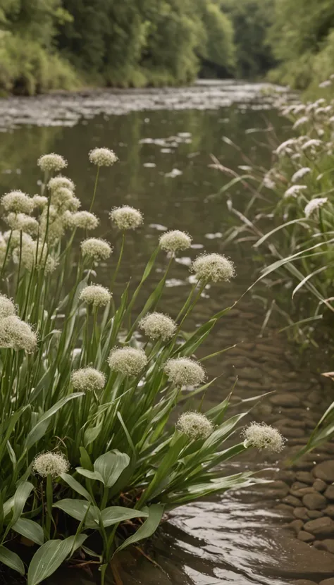 A river，There are reeds on the shore，Platform made of stone，It has flowers and small plants on it