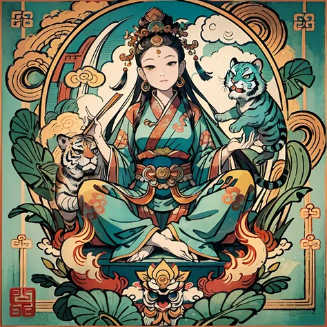 an ancient Chinese goddess, guanyin of the southern seas, Guanyin, Inspired by India, Avalokiteshvara rides a tiger，,Serene expression,shui mo hua,Buddha,Buddhist,Lotus,Chinese painting style,Thangka style