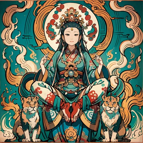 an ancient chinese goddess, guanyin of the southern seas, guanyin, inspired by india, avalokiteshvara rides a lion，,serene expre...