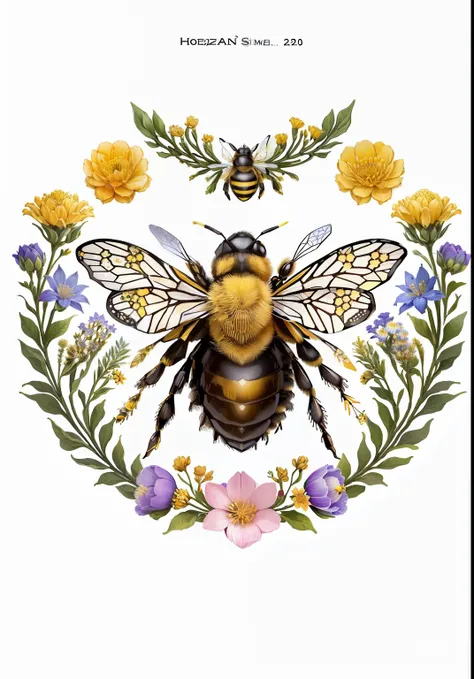 Closeup of bees with crescent moon and flowers, Made from bees, Close-up of bees, inspired by Maria Sibylla Merian, honeybee, painting big bees flying around, author：Laura Wheeler Wallin, (honeybee), honeybee, hexagon moon, 2 0 2 0, 2020, big bee, hornet, ...