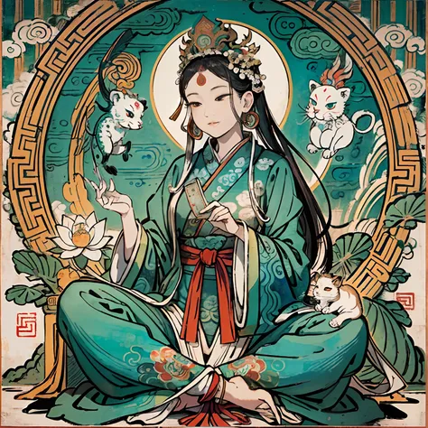 an ancient Chinese goddess, guanyin of the southern seas, Guanyin, Inspired by India, Avalokiteshvara rides a lion，,Serene expression,shui mo hua,Buddha,Buddhist,Lotus,Chinese painting style,Thangka style