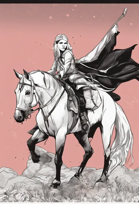 A young girl in a white leather coat，Has beautiful white hair，pony tails，Headband，Blank eyes，Horse Ears，Hand pulling black bow and arrow，She was a knight