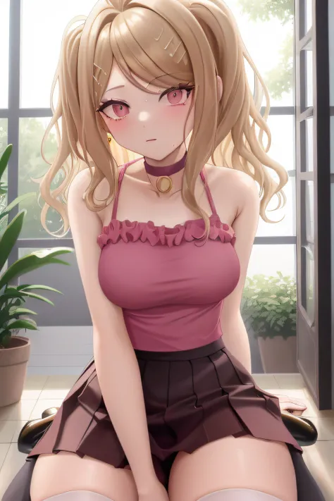 ​masterpiece, top-quality, kaede, 1girl in, ((medium breasts, small head)), Sunlight, Sunlight, (Perfect body: 1.1), (年轻), ((short wavy hair: 1.2)), Choker, Full body shot, Crowded streets, (Tight wet crop camisole top (Wearing a white see-through)), (Mini...